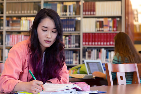A student uses academic resources in the LBC library